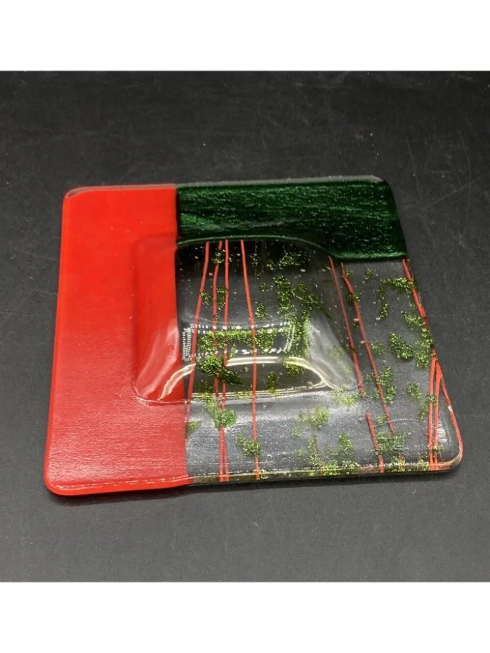 Fused Art Glass Trinket Dish Glitter Dichroic Green & Red 6” Square ￼